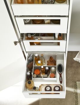 Space Tower pull-out larder in white with gallery rail