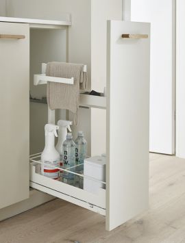 Pinello base pull-out with tea towel rail in white without design element, complete with bottle rack and non-slip matting
