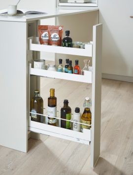 Pinello narrow base pull-out in white without design element, complete with bottle rack and non-slip matting